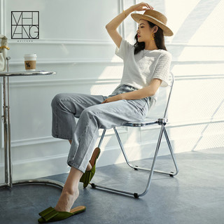 美洋（MEIYANG）翻篇牛仔裤女夏季薄款不对称开叉复古高腰显瘦九分裤休闲百搭长裤 浅水蓝 XS