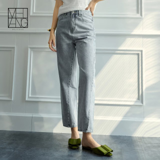 美洋（MEIYANG）翻篇牛仔裤女夏季薄款不对称开叉复古高腰显瘦九分裤休闲百搭长裤 浅水蓝 XS
