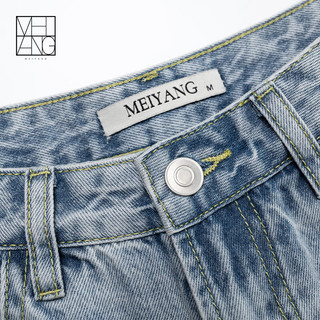 美洋（MEIYANG）翻篇牛仔裤女夏季薄款不对称开叉复古高腰显瘦九分裤休闲百搭长裤 浅水蓝 XS
