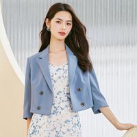 JESSIE 气质翻驳领双排扣七分袖女式西服外套小个子