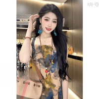 茱艾尔谜粉印花女装法式超显瘦气质吊带裙夏季百搭连衣裙显瘦遮肉家居服 蓝牡丹 L (135-150斤)