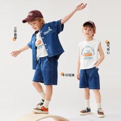 史努比 25年夏季新款儿童背心牛仔衬衫潮流休闲短裤五分裤