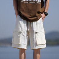 俞兆林运动裤短裤男裤子夏季多口袋工装裤休闲中裤大码短裤五分裤男 米白 M (95-110斤)