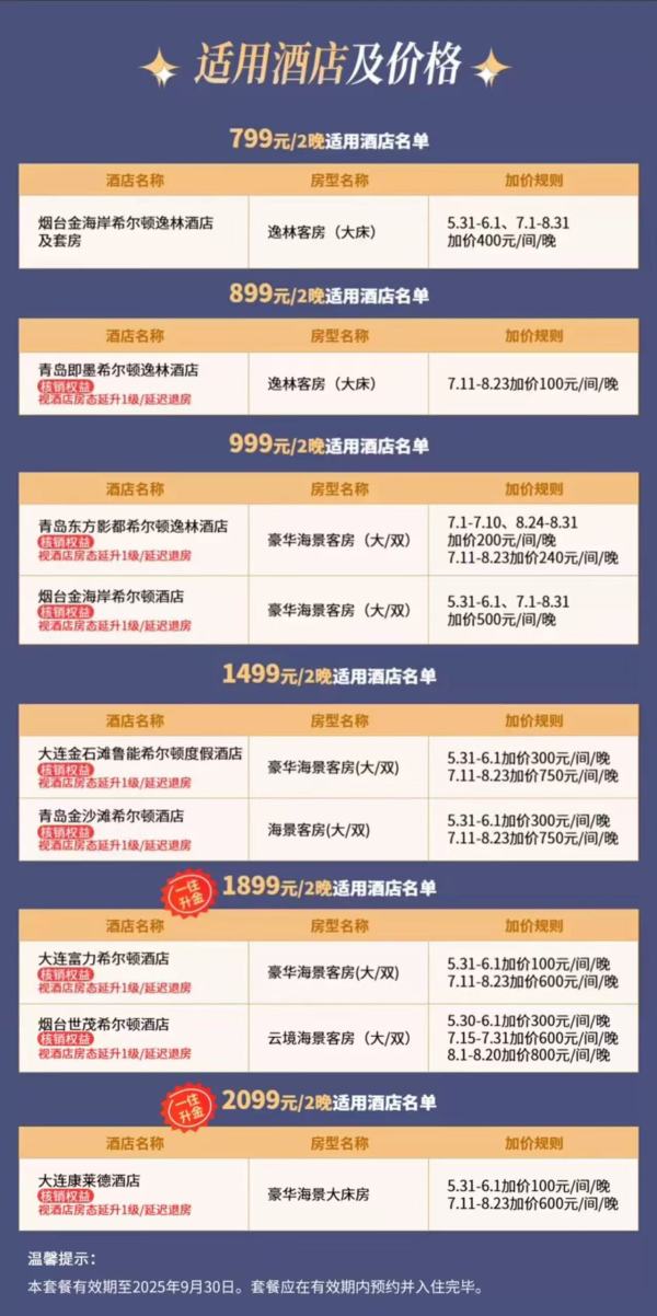 跟大海说嗨!部分一住升金!希尔顿青岛烟台大连9店 客房/海景房2晚可拆分通兑(含双早)