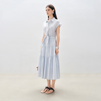 自巧小个子蓝色条纹设计感连衣裙女2025夏季新款中长蛋糕裙衬衫裙