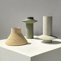 LIVETAI 态生活轻奢诧寂风莫兰迪拉丝纹陶瓷花瓶客厅书房装饰品摆件 拉丝纹碟形花瓶-黄色