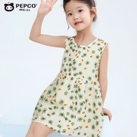 小猪班纳女童夏季薄款连衣裙儿童泡泡棉宽松无袖背心裙宝宝碎花休闲长裙子 粉底花朵 90 cm