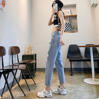 巧除破洞牛仔裤女老爹裤2025年新款夏薄款高腰显瘦宽松乞丐破洞哈伦裤   建议120-135斤