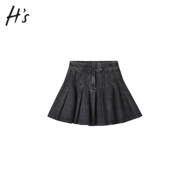 H'S 限时低价！深灰百褶女裙少女风牛仔半裙