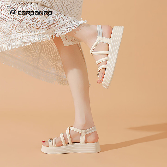 卡丹路 罗马凉鞋松糕软底增高沙滩鞋 米色