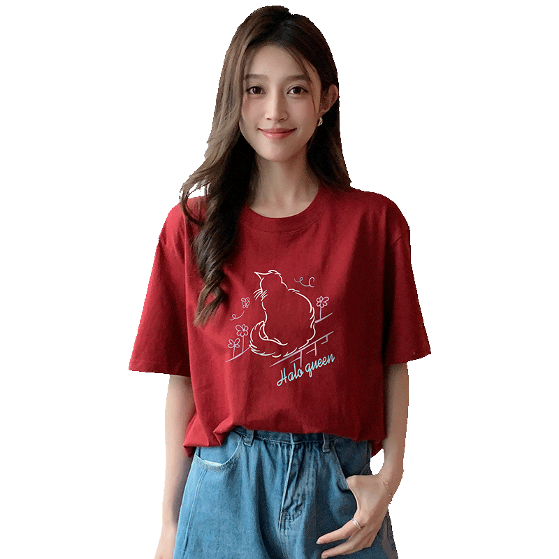  Halo Queen 美式甜酷猫咪印花 女士短袖T恤