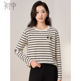 初申春秋长袖T恤女华夫格圆领条纹可爱猫咪长袖打底上衣S144T2835 XL