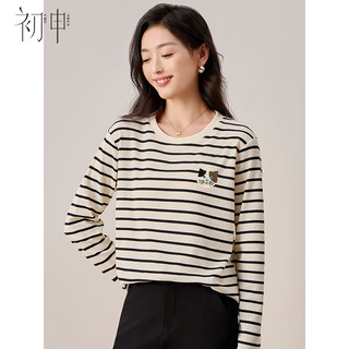 初申春秋长袖T恤女华夫格圆领条纹可爱猫咪长袖打底上衣S144T2835 XL