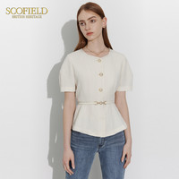 Scofield女装藏青色学院风短袖衬衫女肌理感珍珠扣衬衣