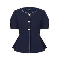 Scofield女装藏青色学院风短袖衬衫女肌理感珍珠扣衬衣 170