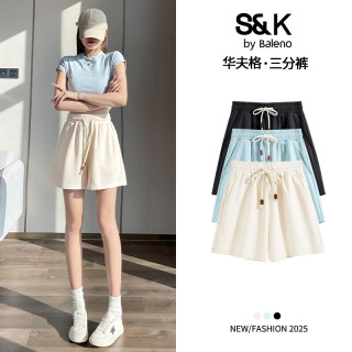 班尼路BALENO华夫格三分短裤女2025夏季简约时尚休闲百搭显瘦舒适透气裤子 黑/纯色 L