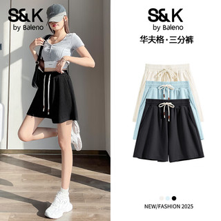 班尼路BALENO华夫格三分短裤女2025夏季简约时尚休闲百搭显瘦舒适透气裤子 黑/纯色 L
