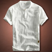 吉普盾 2025夏季薄款亚麻立领衬衫男短袖时尚简约纯色中国风棉麻衬衣潮