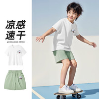 奥特曼6儿童夏季套装速干短袖+珠地速干短裤2件套透气凉感户外运动套装 U快乐K白色+U快乐K绿色 140 【当天】