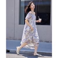 德玛纳 dme【长款碎花裙】夏款飞飞袖一字领圆领两穿长款连衣裙女