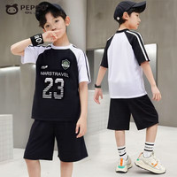 小猪班纳男童短袖短裤套装2025夏季儿童球服印花篮球服运动训练两件套 黑色 90