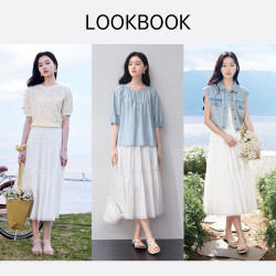 香影 中袖衬衫女圆领2025夏装慵懒泡泡袖气质淑女宽松蓝色上衣 白色半裙 R85S030