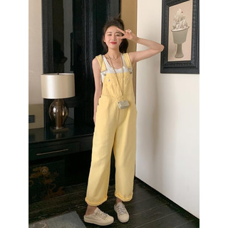 雪澈黄色减龄学院风背带裤女夏2025春秋宽松小个子阔腿牛仔背带裤 黄色 XL 【115-125】