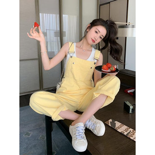 雪澈黄色减龄学院风背带裤女夏2025春秋宽松小个子阔腿牛仔背带裤 黄色 XL 【115-125】