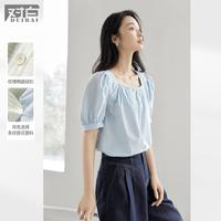 2025夏装法式泡泡袖女式条纹提花方领衬衫独特气质短袖衬衣