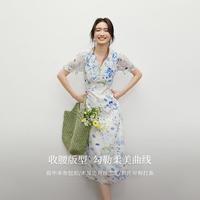 2025夏季女装【海蓝花屿】泡泡袖收腰V领套头雪纺连衣裙