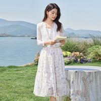 25夏季薄款透气V领蕾丝长袖开衫吊带碎花连衣裙两件套女式套装