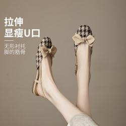 B5 BY BLOCCO5 小众复古千鸟格蝴蝶结包头后空凉鞋女夏天配裙子粗跟玛丽珍单鞋