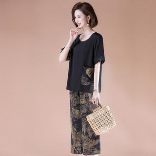 母亲节夏装短袖薄款圆领上衣中老年女洋气显瘦宽松套装