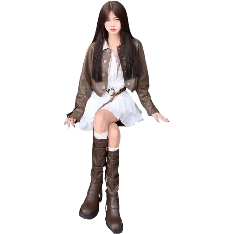WASSUP UOSNE2024新款厚底西部牛仔骑士靴女冬不过膝复古美拉德风长筒靴马丁靴 棕色后拉链 35