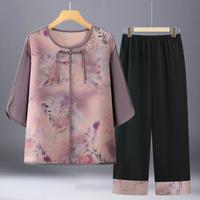 【新中式】装夏季圆领印花小衫+裤子中老年人女装休闲两件套