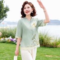 25年夏季装中老年装立领印花中袖衬衫+直筒裤休闲套装女