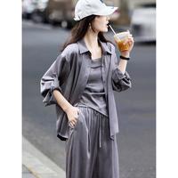夏季时尚遮肉显瘦遮阳翻领衬衫吊带背心松紧腰阔腿裤三件套女