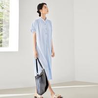 夏装素雅侧摆装饰扣翻边袖宽松直筒裙女式短袖连衣裙