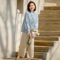 【民族风两件套】装夏季套装中年女装七分裤中老年七分袖衬衫