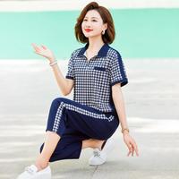 装夏季时尚晨练运动服套装中年女装千鸟格T恤中老年九分裤子