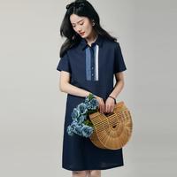 【亚麻衬衫式裙子】夏季短袖透气拼色半开领中长款连衣裙