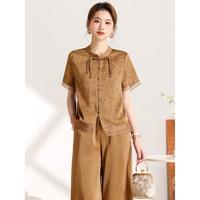 艾莱莹 2025春夏款国风盘扣提花上衣阔腿裙套装女