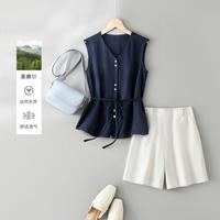 【V领系带上衣+直筒松紧腰短裤】夏款女轻职场麻感套装