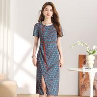 艾莱莹 民族风高腰印花开叉轻薄显瘦改良旗袍连衣裙女
