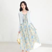 【度假风油画印花裙】法式碎花吊带裙+蕾丝拼接针织开衫女式套装