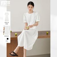 夏装简约纯色棉质利落裁剪裙摆捏褶女式短袖中长连衣裙