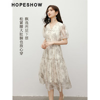 红袖【山水楼阁】气质连衣裙夏季2024女装 收腰V领显瘦国风雪纺裙 米底花611 L