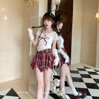 织物猪 女士半身裙 红色格子不规则短裙