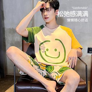【100%纯棉】夏季睡衣男士笑脸印花短袖套头家居服套装可外穿