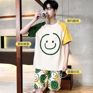 【100%纯棉】夏季睡衣男士笑脸印花短袖套头家居服套装可外穿